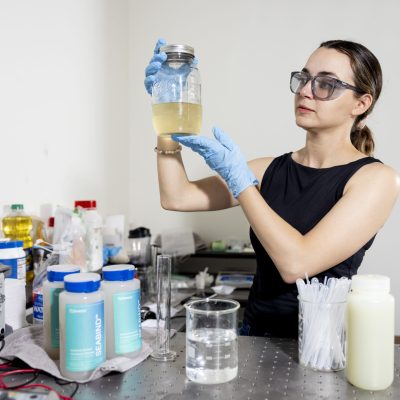 08/13/25 - SAN LUIS OBIPOS, CA: Mayela Fernandez of Ecoplasticity works in the lab during Cal Poly’s Center for Innovation and Entrepreneurship (CIE) Summer Accelerator program on August 13, 2025 in San Luis Obispo, California. Photo by Ruby Wallau for CIE